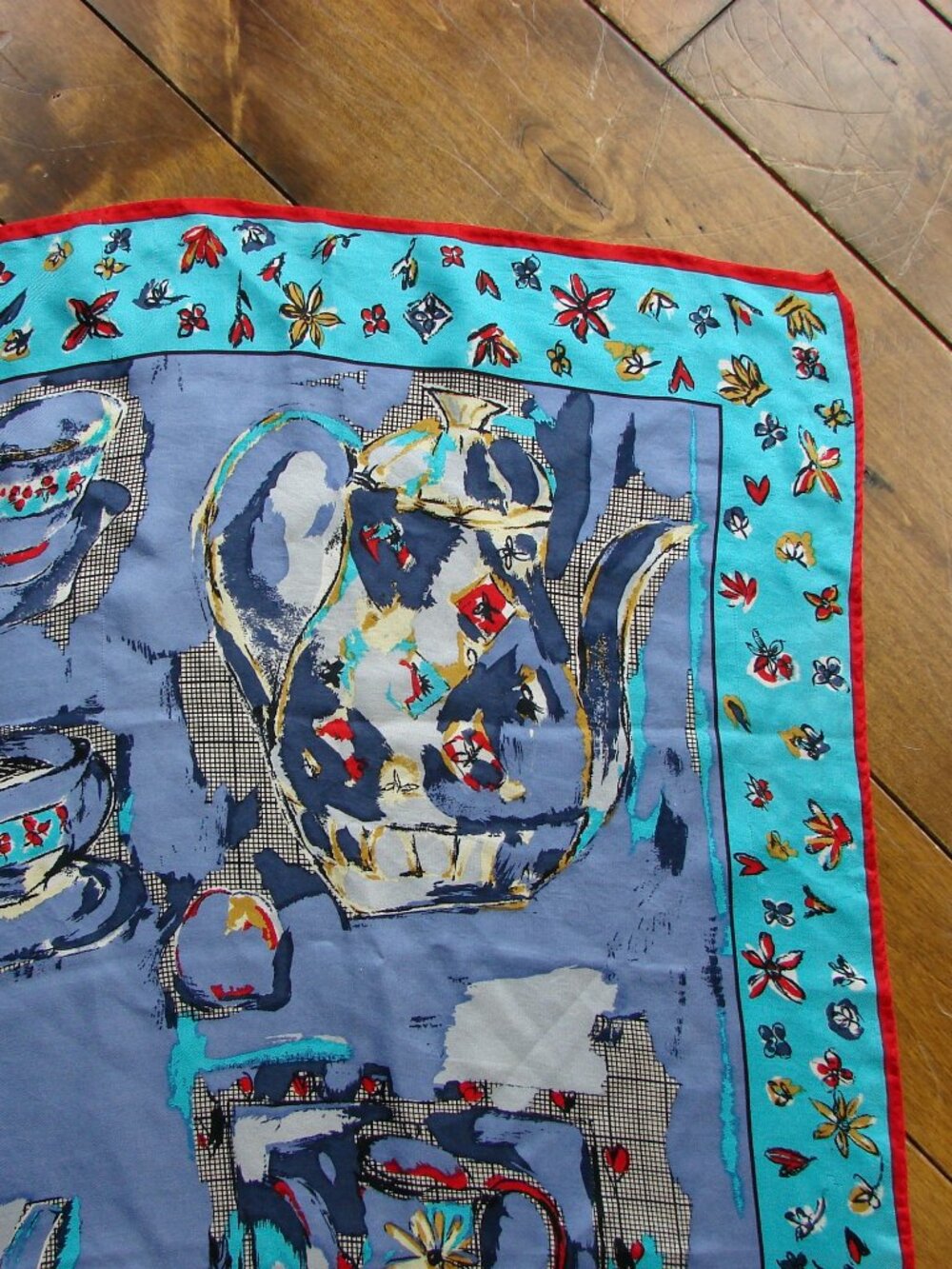 Vintage Perry Ellis 100% Silk Scarf Hand Rolled Japan Teapots Teacups Floral - Picture 7 of 15